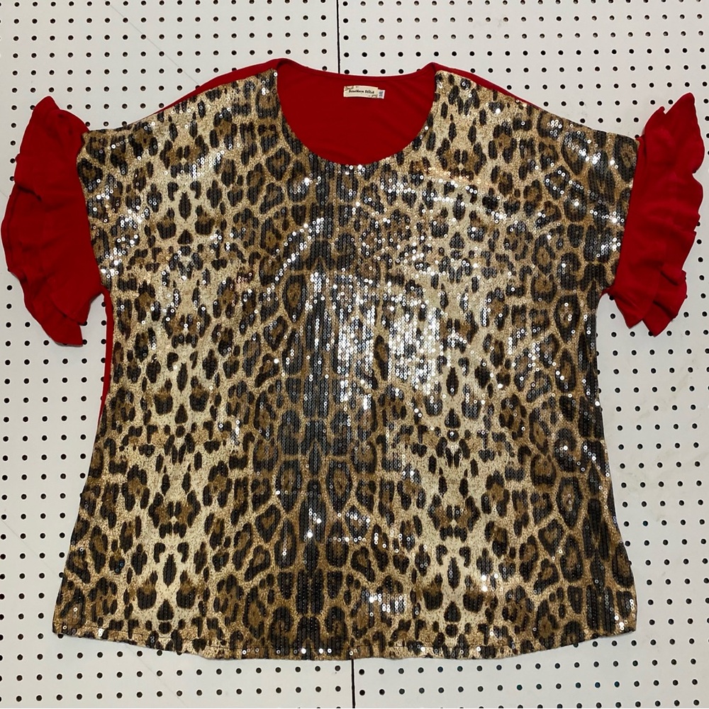 Leopard Print Sequin Women’s Top with Red Accents